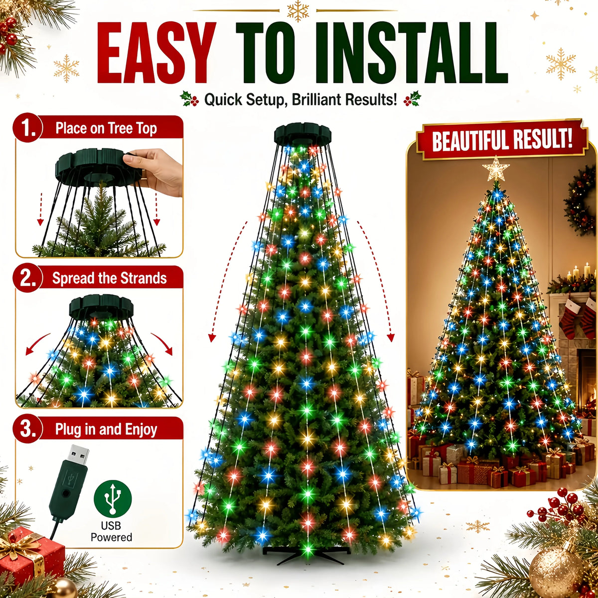 USB 180/400 LED Star String Lights -200CM,8 Modes,Waterfall & Tree Design for Indoor Outdoor Decor,for Parties,Wedding Christmas