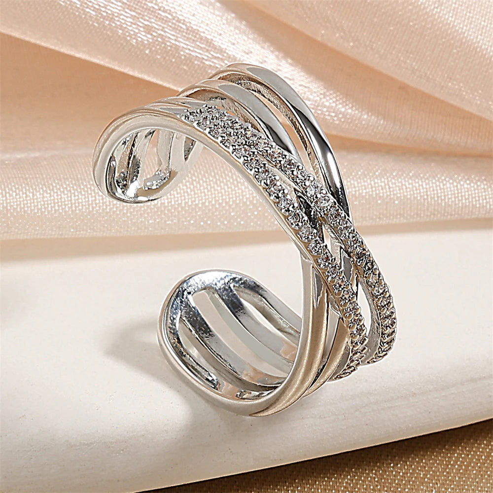 ZAKOL Fashion Double Layers Zircon Rings for Women Gold Color Plated Open Stainless Steel Ring Aesthetic Party Wedding Jewelry