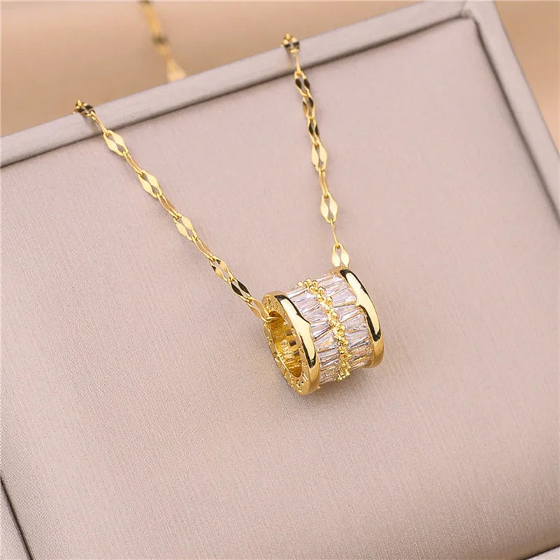 ZAKOL Y2K Stainless Steel Round Pendant Necklace For Women Girls Korea Style Beautiful Gold Color Metal Crystal Jewelry On Neck