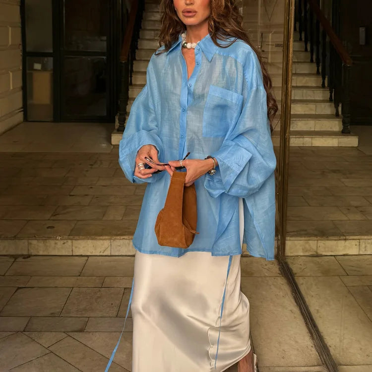 Casual Loose Solid See Through Blue Blouse For Women Sexy Lapel Long Sleeve Classic Shirt 2026 New Autumn Commuter Female Tops