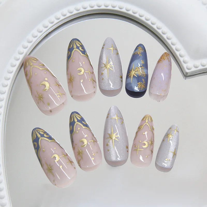 24Pcs Short Almond Nails Set Full Cover Star Moon Wave French Glitter Press on False Nails with Jelly Glue Detachable Nail Art