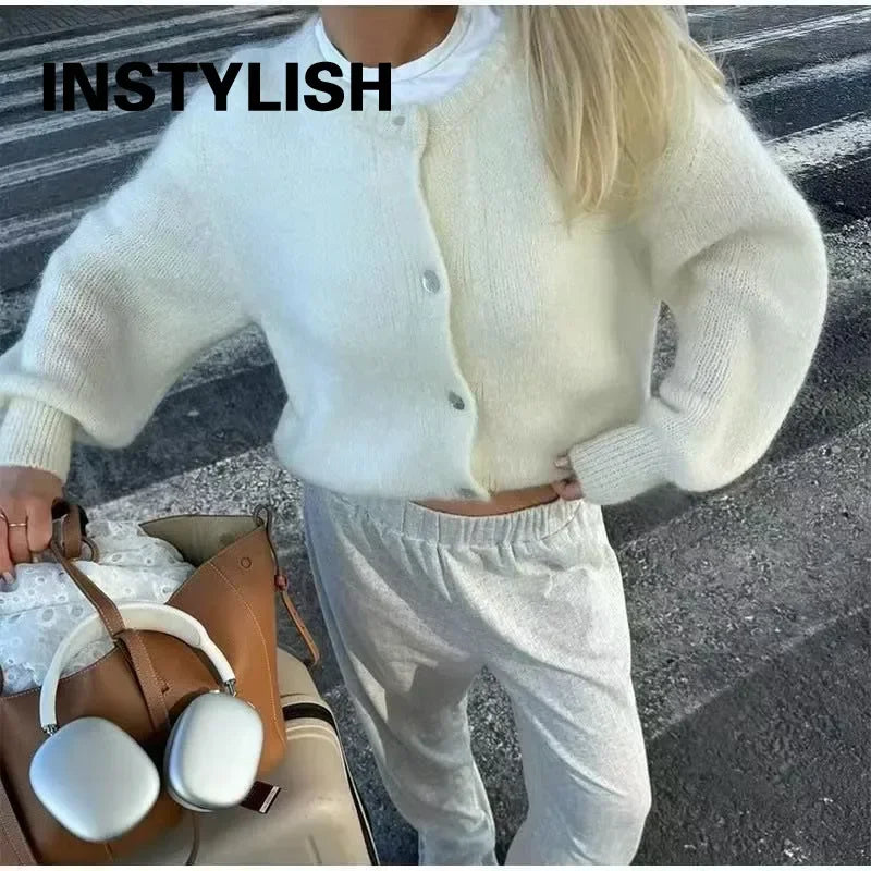 Women Mohair Knit Cardigan O Neck Elegant Lantern Long Sleeve Oversized Loose Fluffy Sweater Coat Autumn Winter Casual Knitwear
