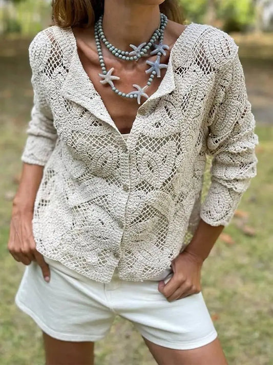 Elegant Floral Hollow Out Shirt For Women Single Button O Neck Long Sleeve Blouse 2024 Chic Fashion Female Commuting Streetwear