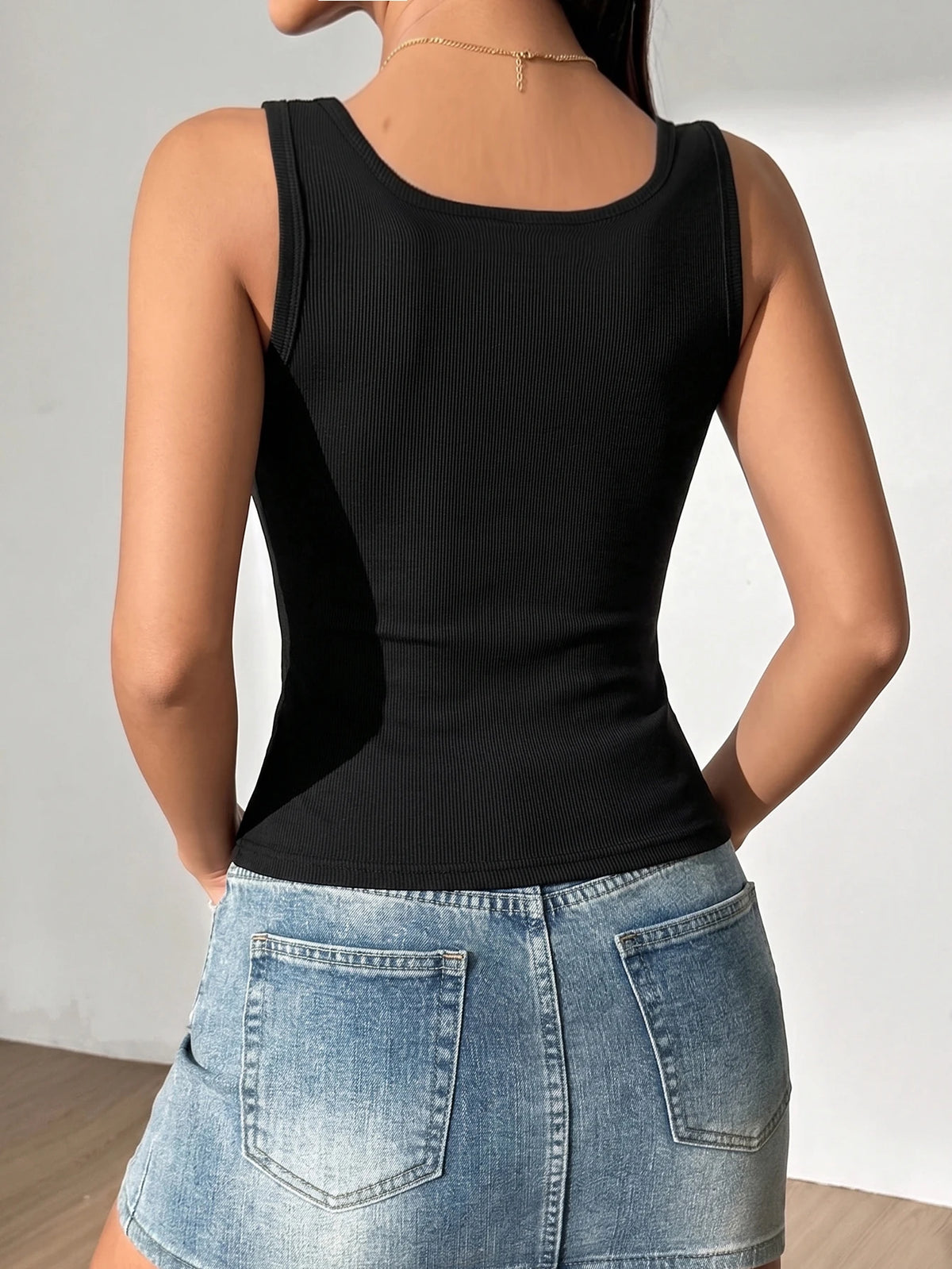 Solid Ribbed Women's Tank Top Decorative Zipper Camisole Slim Fit Casual Sleeveless Vest Top