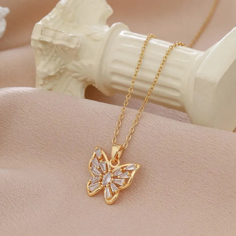 Fantastic Crystal Gold-Color Butterfly Necklace For Women Rhinestone Symmetrical Pendant Accessories Party Jewelry Gifts