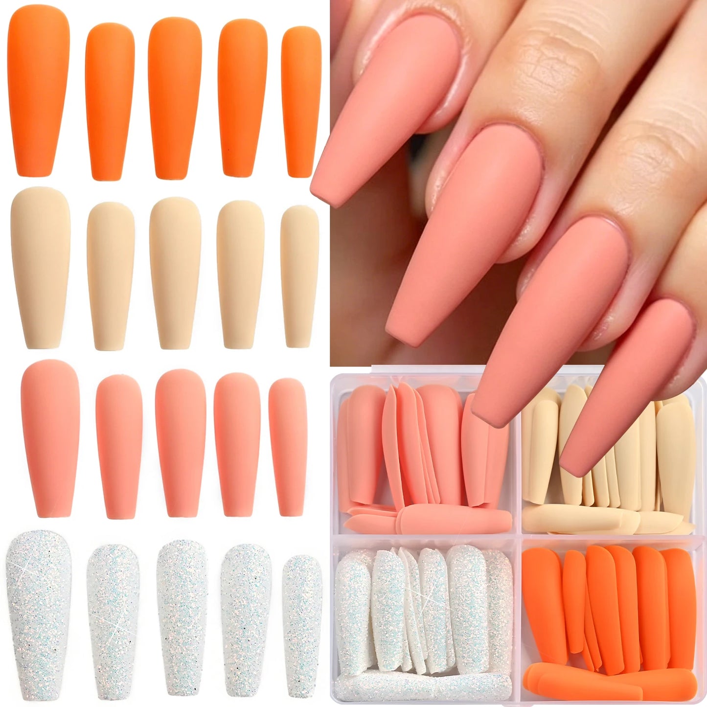 96Pcs Long Coffin Ballet Full Cover Fake Nails Square False Nails Glitter Artificial Fingernails Women Wearable Press on Nails