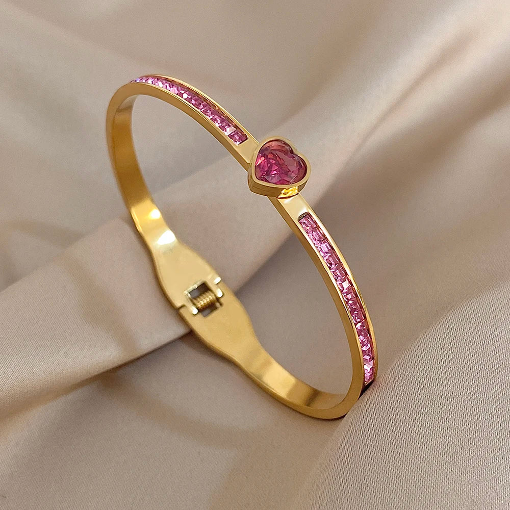 Flashbuy 3Pcs/Set 316L Stainless Steel Women's Bangles New Design Rose Red Love Heart Bracelets Waterproof Fashion Jewelry Gift