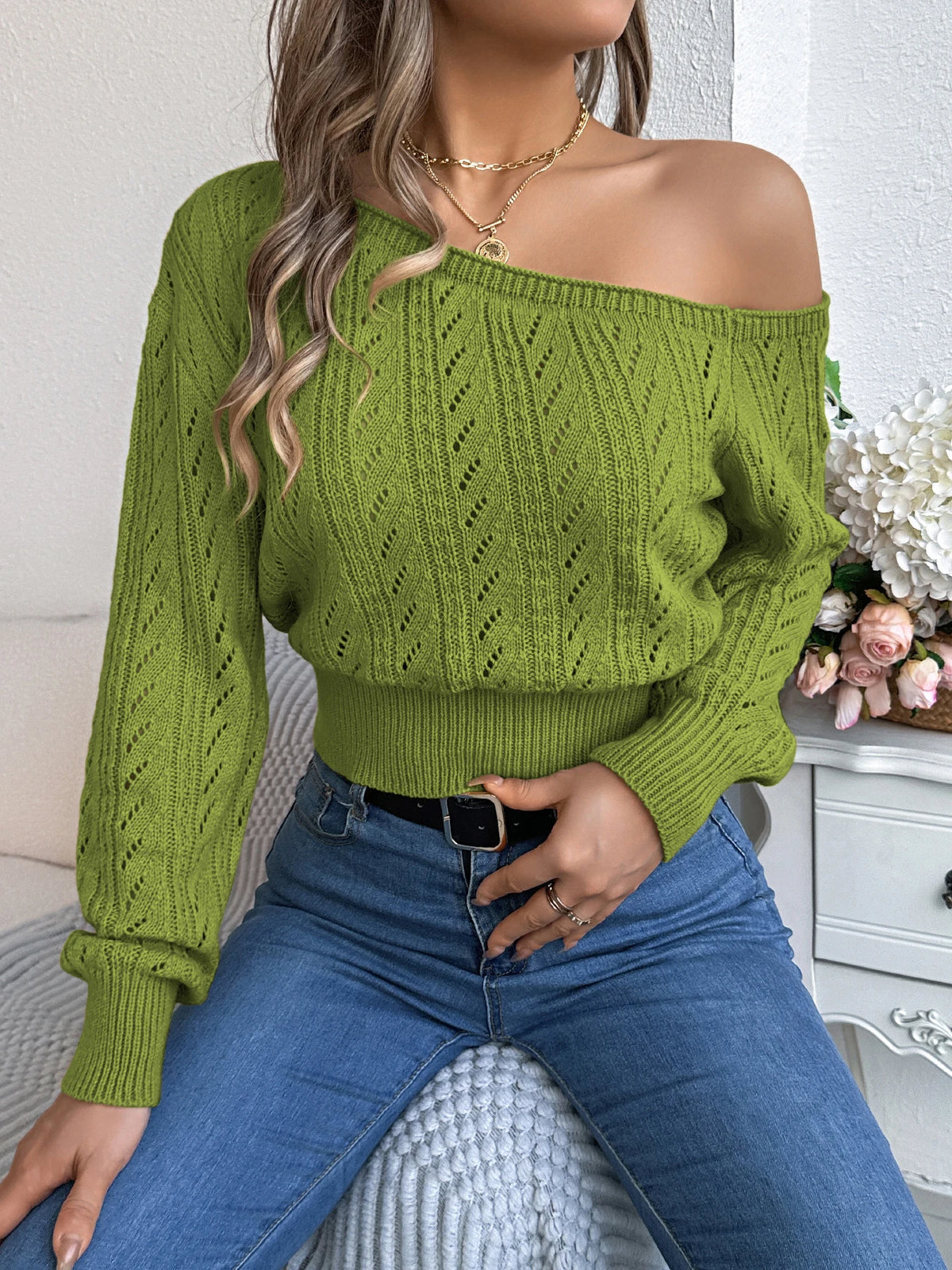 Autumn Winter Casual Elegant Slash Neck Off Shoulder Long Sleeved Knitted Pullover Sweater for Women