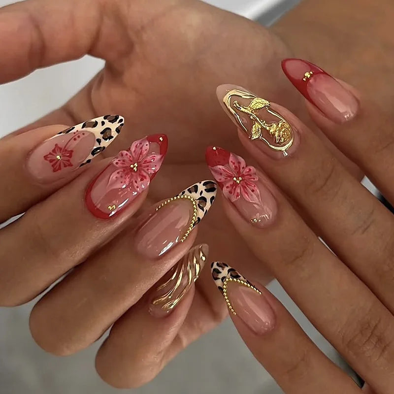 24Pcs French Flowers Pattern Almond Simple False Nails Set with Gloden Stripes Designs Detachable Finished Nails with Jelly Glue