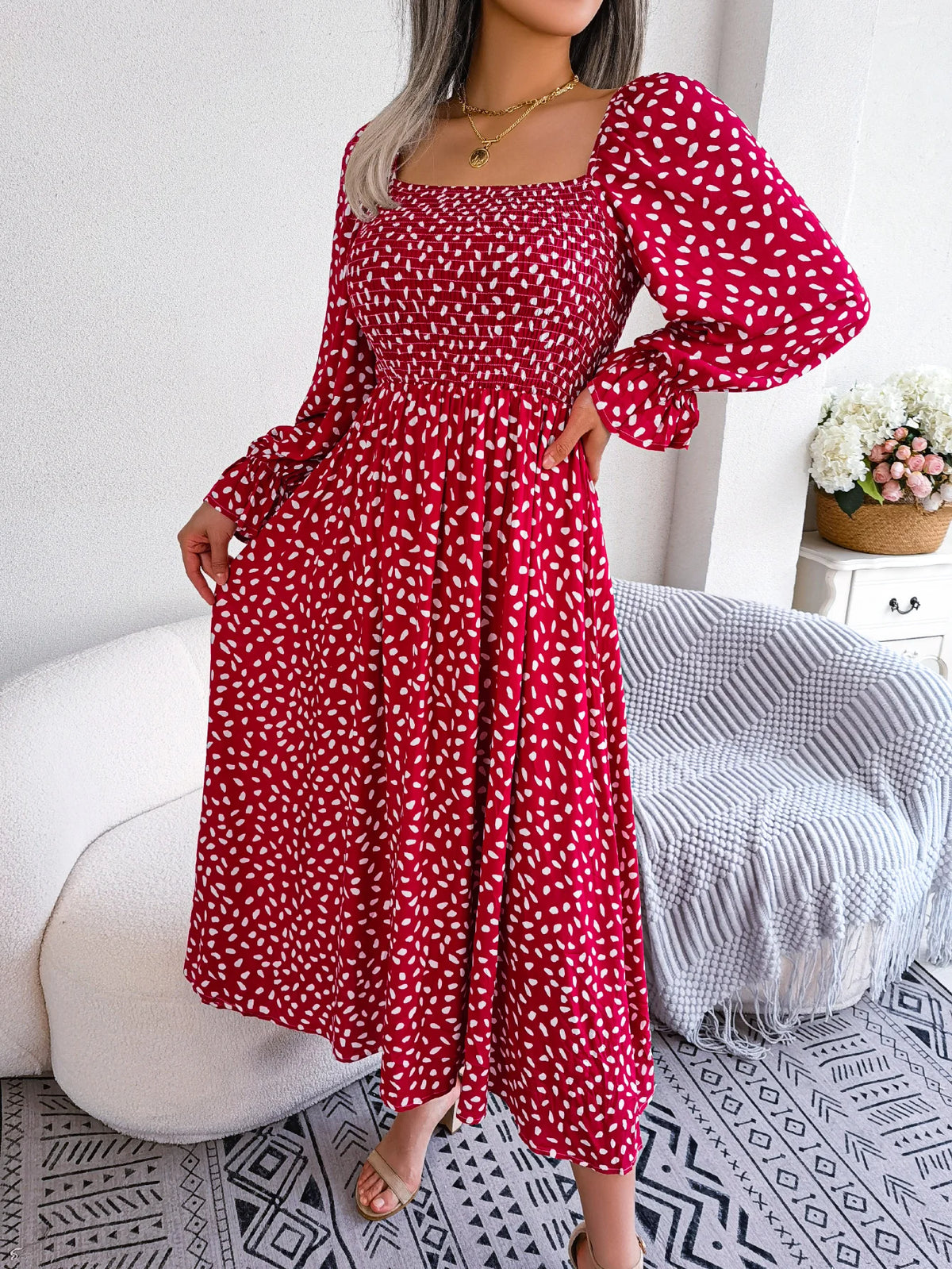 Spring Autumn Women's Elegant Polka Dot Square Neck Flare Long Sleeve Slim Waist Floral Dress Yellow Pink Red Woman Clothing