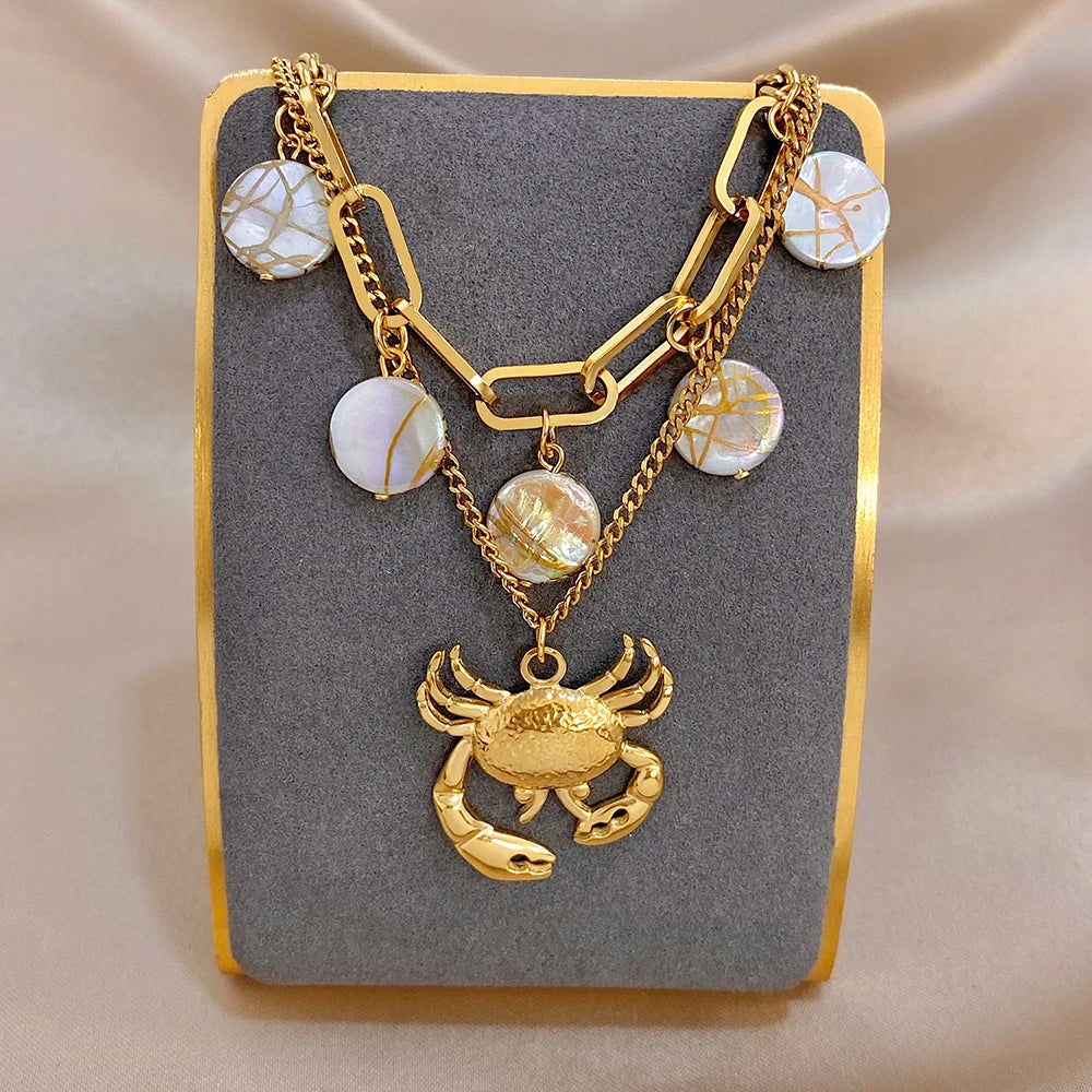 Flashbuy Golden Ocean Charm Necklace, Starfish Crab Octopus Pendant, Boho Beach Jewelry for Women, Summer Vacation Accessory