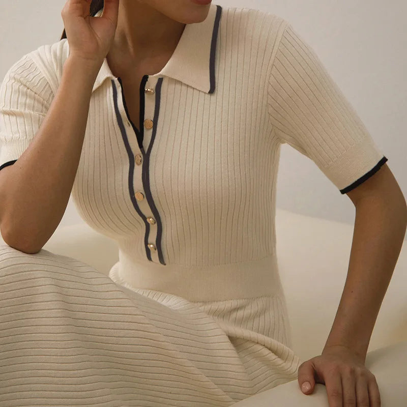 Women's White Knit Maxi Dress Elegant Short Sleeve Patchwork Bodycon Party Dress Casual Lapel High Waist Fashion Autumn Knitwear