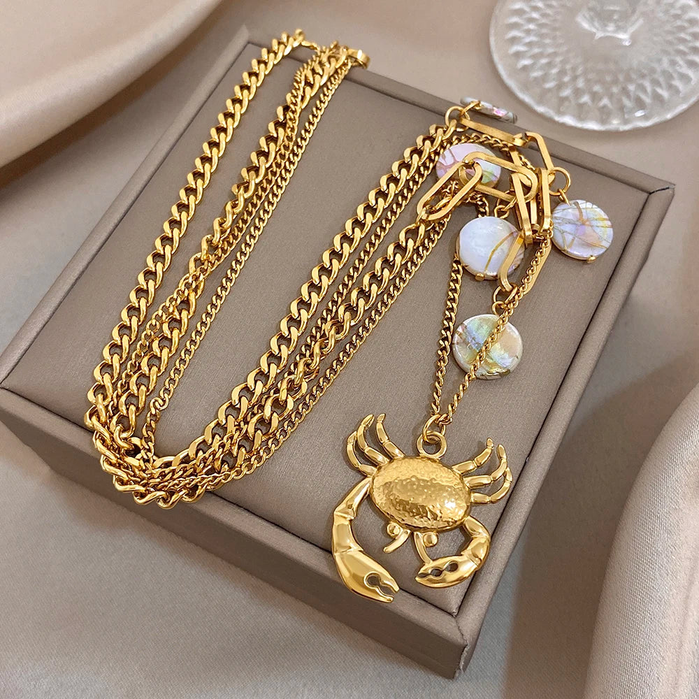 Flashbuy Golden Ocean Charm Necklace, Starfish Crab Octopus Pendant, Boho Beach Jewelry for Women, Summer Vacation Accessory