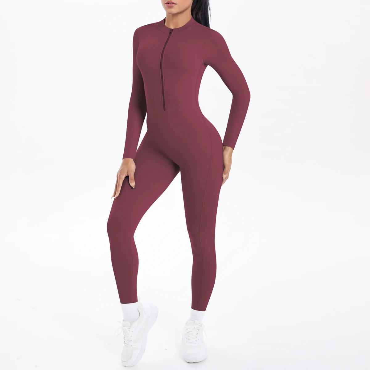 Solid Color Backless Yoga Bodysuits Women's Sportswear Stretch Bodysuit For Women Long Sleeves Jumpsuits Push Up Half Zipper Set