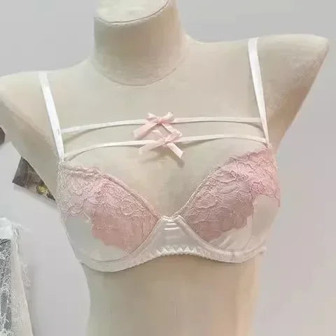 MOYISU French Lace Bralette with Bow Sweetheart Neckline Petite Bust | Natural Lift Minimalist Bra Set Sexy Yet Subtle Support