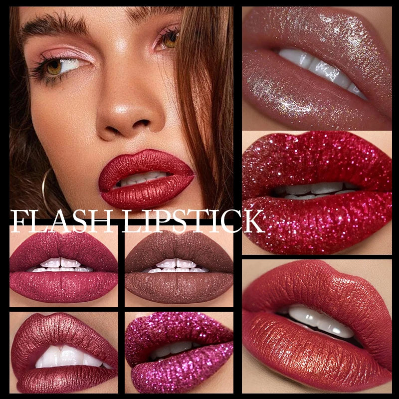Pearly Glitter Velvet Lipstick,Metallic,Waterproof,Long-lasting,Shimmer,Diamond Lipstick,Glitter Lip Gloss, Lip Cosmetic Makeup