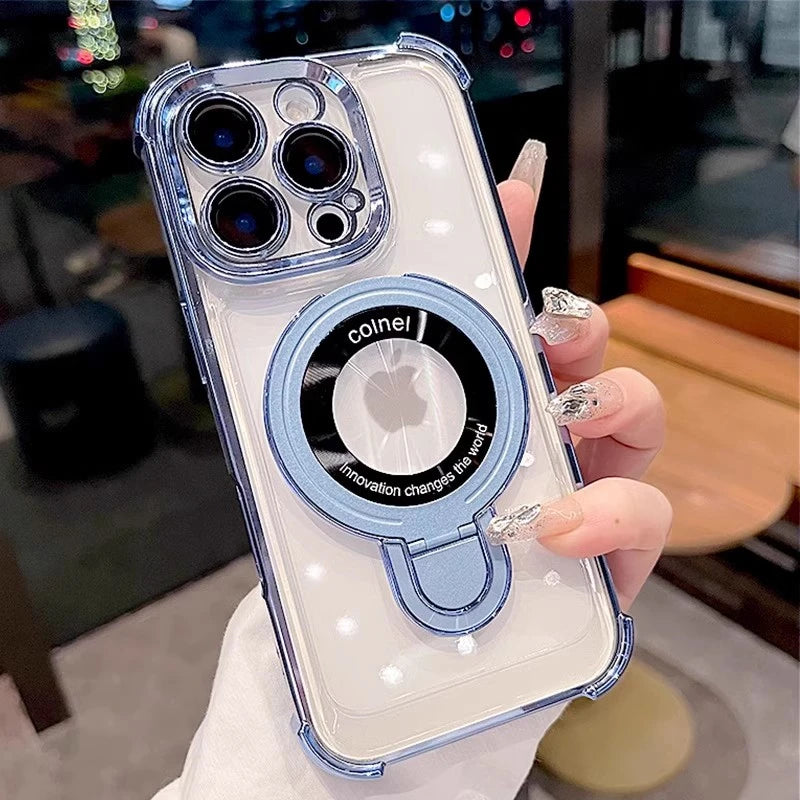 Luxury Plating Magnetic Bracket for Magsafe Clear Case for iPhone 17 16 15 Pro Max 11 12 13 14 Holder Stand Shockproof Cover