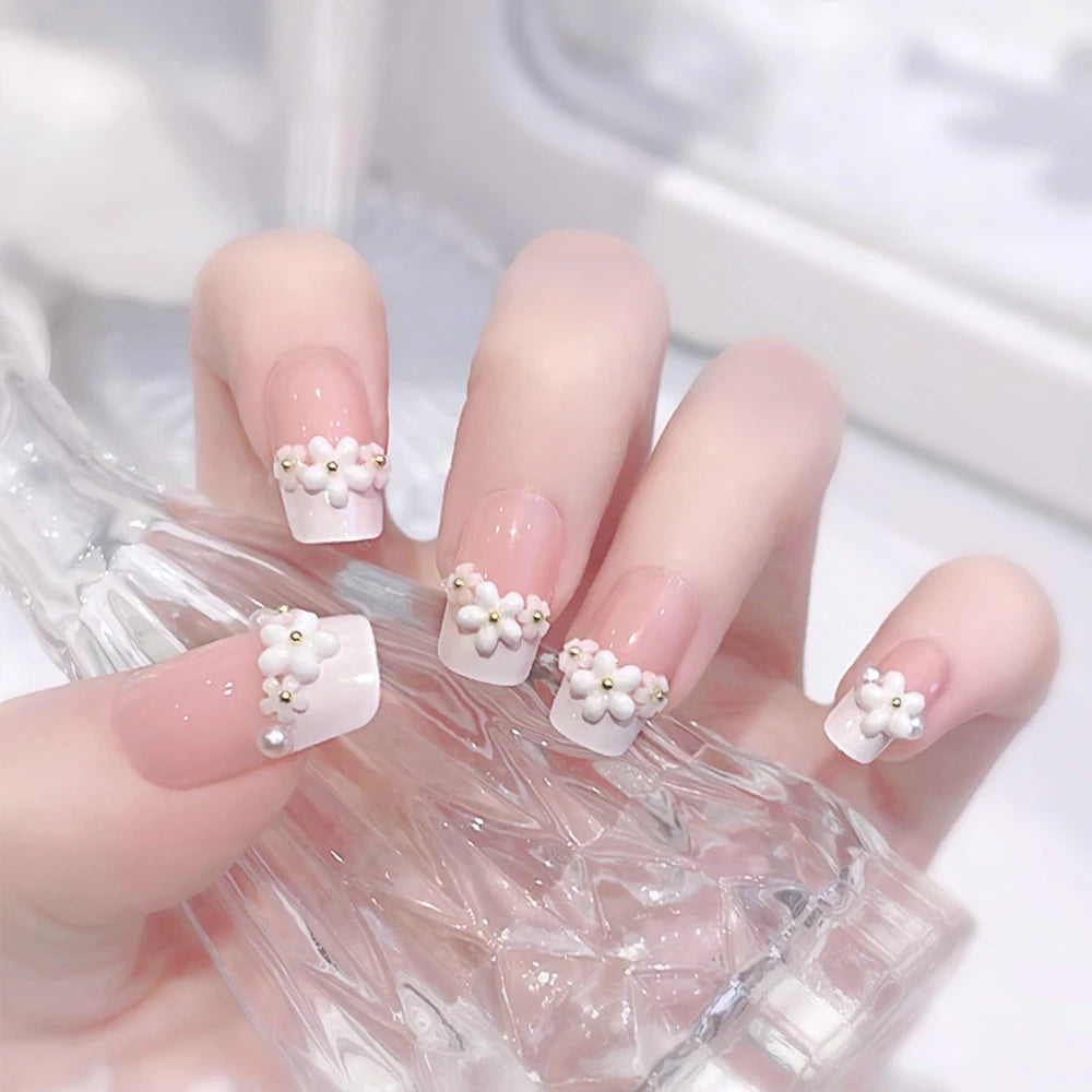 24pcs Medium Long Acrylic Fake Nails 3D Flower Pearl Design Press on Nails Ballerina Full Cover False Nails Tips for Women