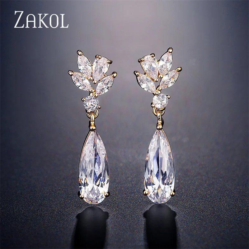 ZAKOL White Zircon Leaf Dangle Earrings for Women Shinny Water Drop Crystal Flower Pendant Earring Bridal Wedding Jewelry