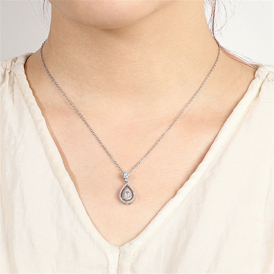 ZAKOL Simple Geometric Crystal White Zircon Pendant Necklace For Women Silver-Color Wedding Party Jewelry Gift With Box