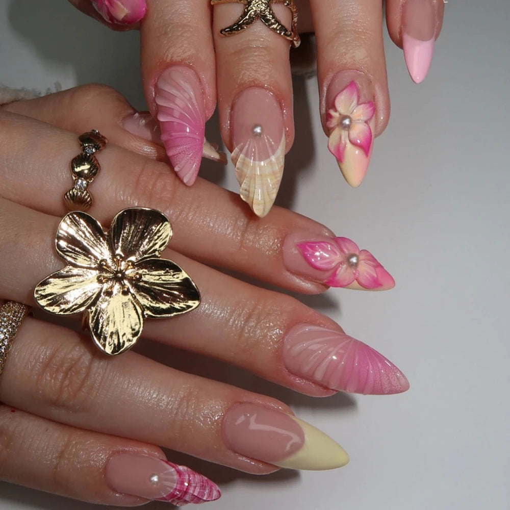 24pcs Mid-length Almond Wearable Press on Nails Gradient Pink Flower Pearl Design False Nails French Petal Fake Nails Tips