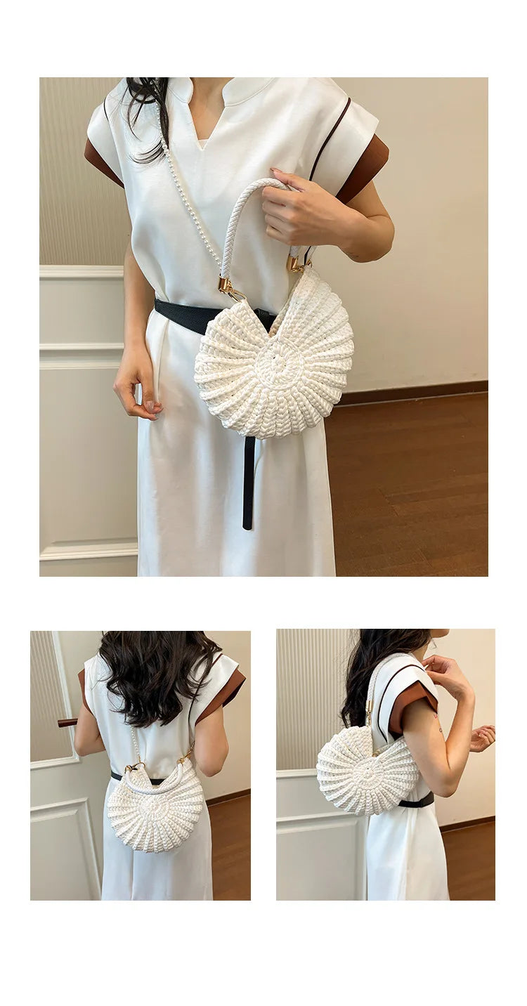 Handcrafted Shell Shaped Crossbody Bag Women's Beach Style Handbag City Simple Cotton Liner Soft round Shape Double Shoulder ...