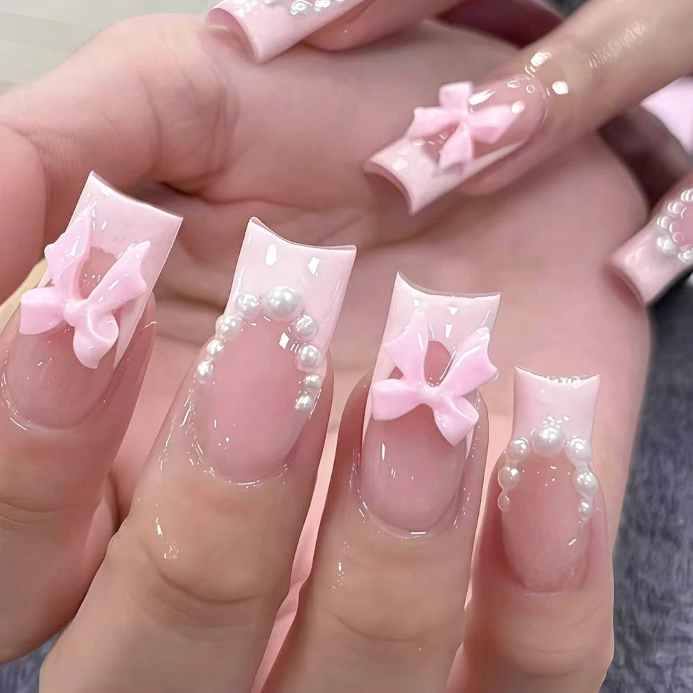 24pc Short Square French Fake Nails with Pearl Bow Acrylic Pink False Nail Wearable Press on Nails Full Cover Nail Tips