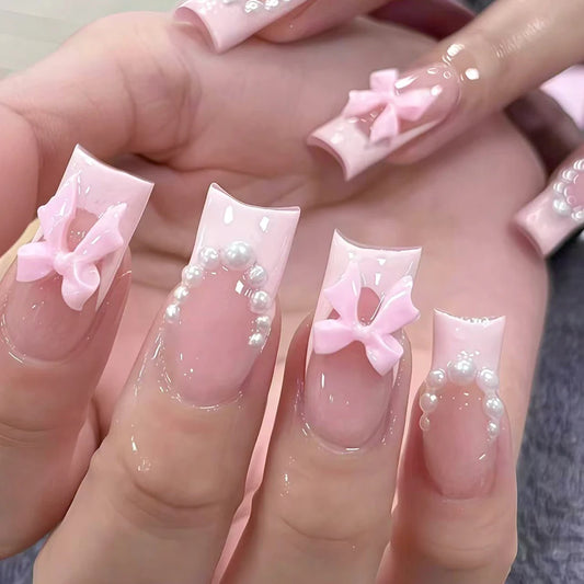 24pc Short Square French Fake Nails with Pearl Bow Acrylic Pink False Nail Wearable Press on Nails Full Cover Nail Tips