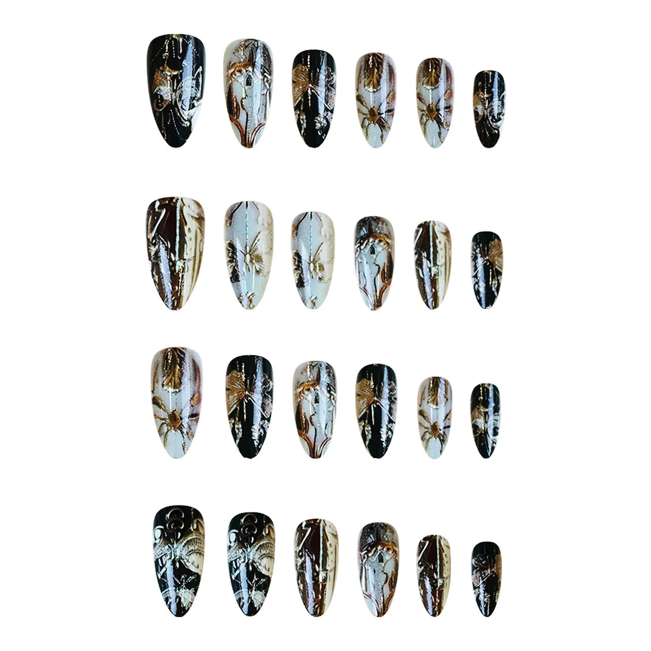 24pcs/set Medium long fake nails yellow dragon flowers feather design for Spring summer Square almond tips press on false nail