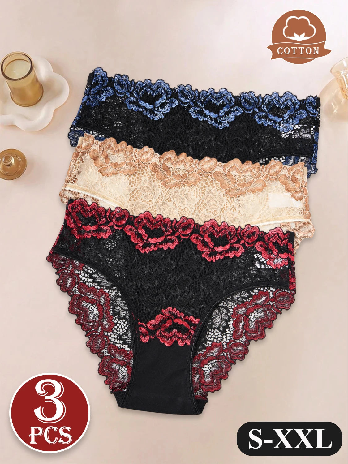 3PCS New Unique Lace Contrast Printed Trim Underwear Comfortable Breathable Women's Panties Hollow Out Sexy Briefs Lingerie
