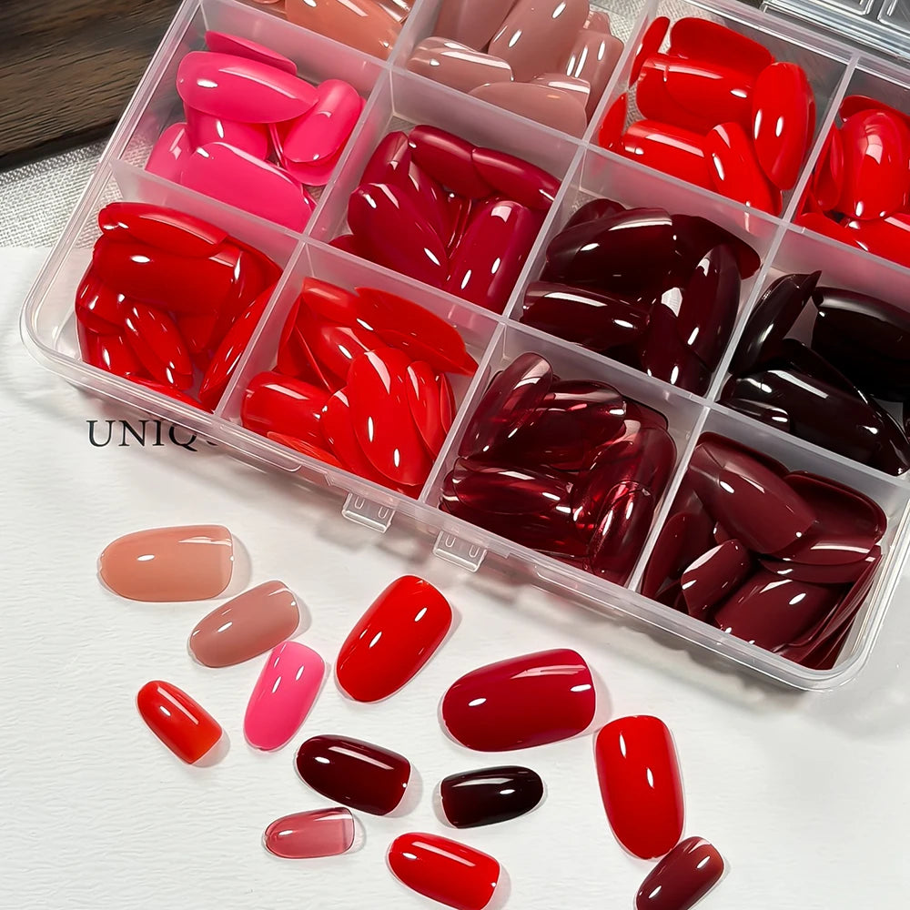 288Pcs Short Almond Full Cover Fake Nail Tips Extensions Red/Nude/Pink Stiletto False Nails for Women DIY Wearable Press on Nail
