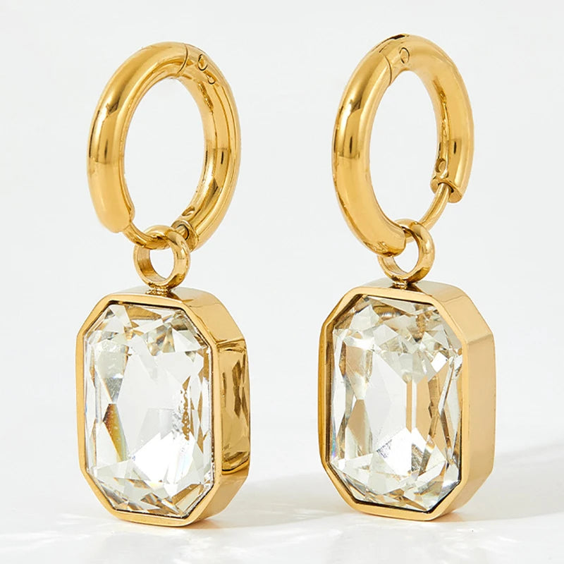 Trendy Square Zirconia Drop Stud Earrings For Women Girls Gold Color Metal Crystal Stone Pendant Ears Accessories Jewelry Gifts