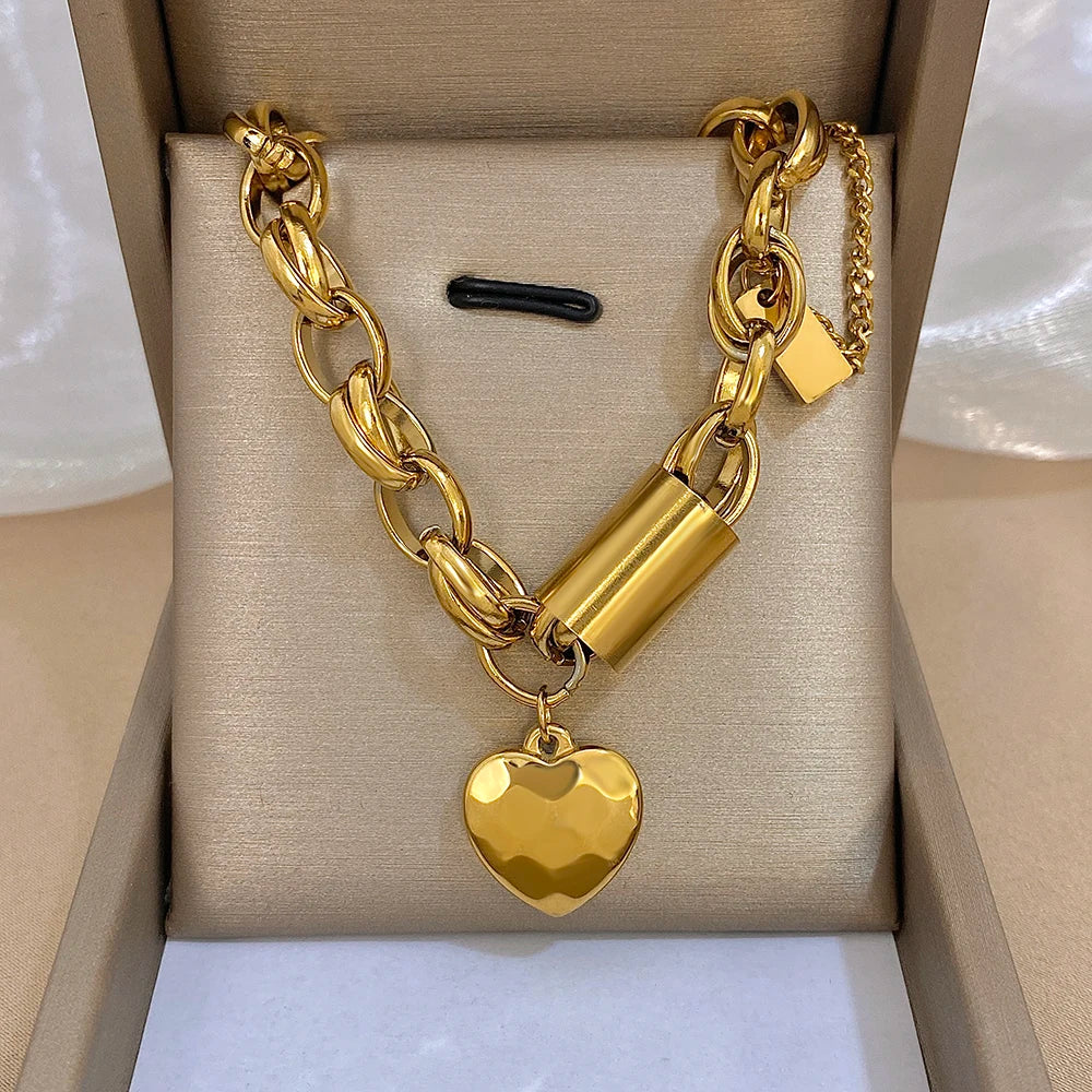 Flashbuy New Punk Chunky Gold Color Thick Chain Stainless Steel Necklace for Women Fashion Design Heart Love Pendant Jewelry
