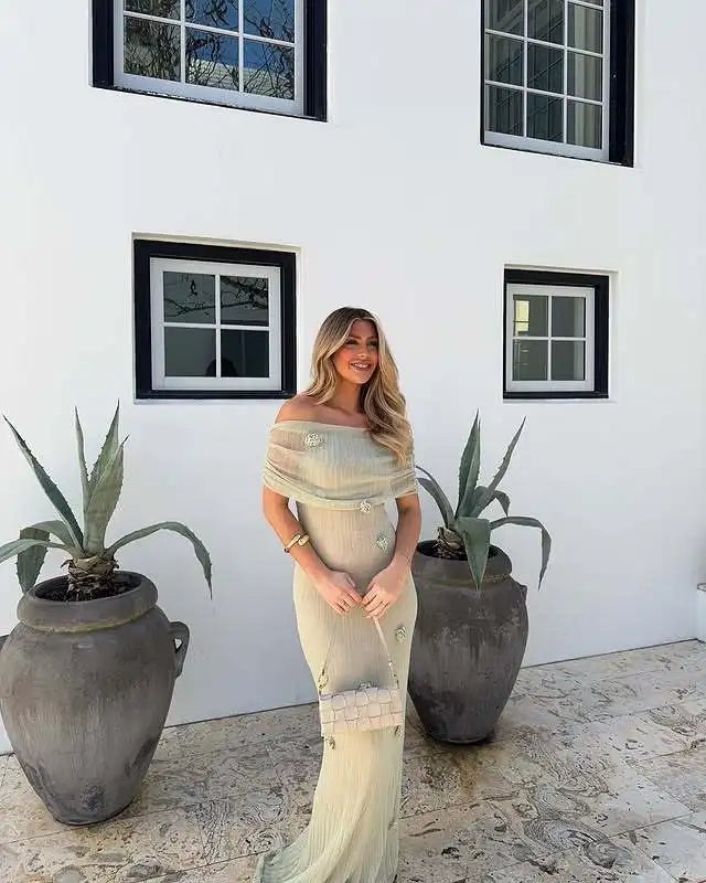 Elegant 3d Flower Off Shoulder Maxi Dress Sleeveless Perspective Pleated Slim Solid Color Robes 2026 Fashion Evening Party Gowns