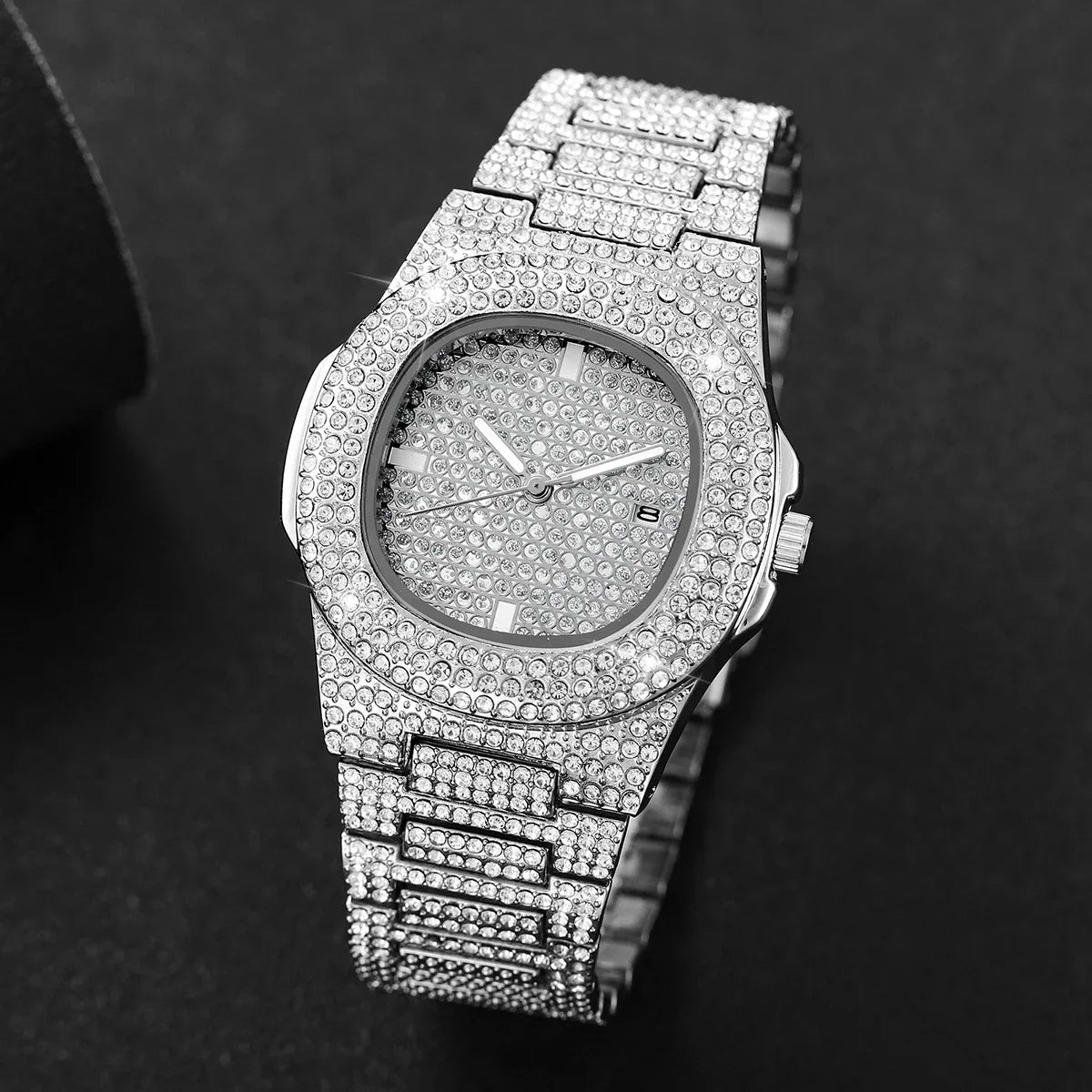 3PCS Iced Out Full Diamond Men Watch Cuban Chain Necklace Bracelet Set Hip Hop Quartz Wristwatch Accessories Relogio Masculino
