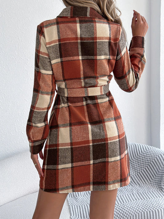 Autumn Winter Color Block Plaid Single Breasted Women Mini Dress 2026 Fashion Lapel Fake Pocket Corduroy Jacket Dress with Belt