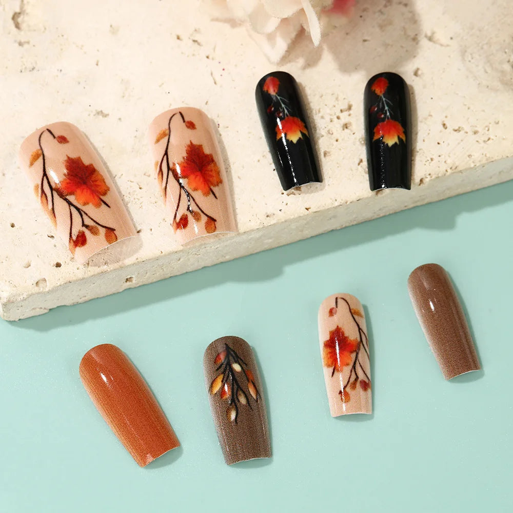 Medium long fake nails for women gilrs gradient brown coffee flora leaf design reusable full over press on Artificial Nails set
