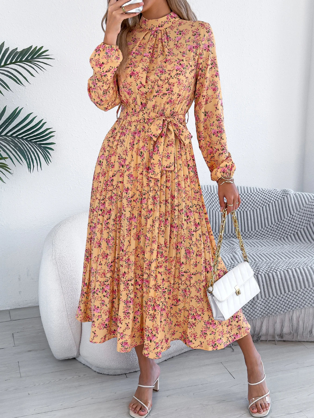 Floral Stand Up Collar Bridesmaid Dress 2026 Spring Autumn Elegant Long Sleeve Waist Cinching Pleated Dresses Woman Clothing
