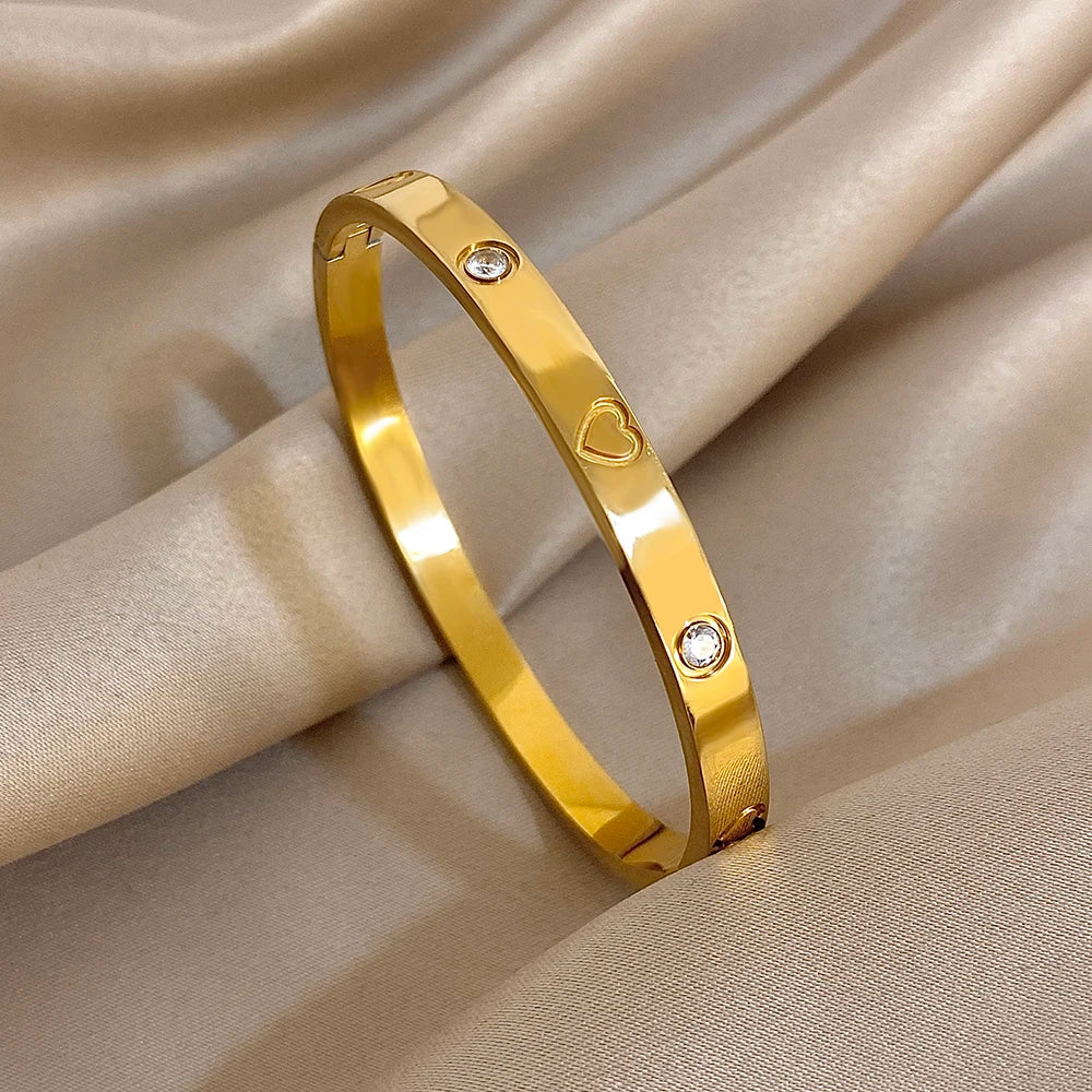 FLASHBUY Trendy Chic Gold Color Simple 316L Stainless Steel Bangles Bracelets for Women Charm Zircon Waterproof Jewelry Gift