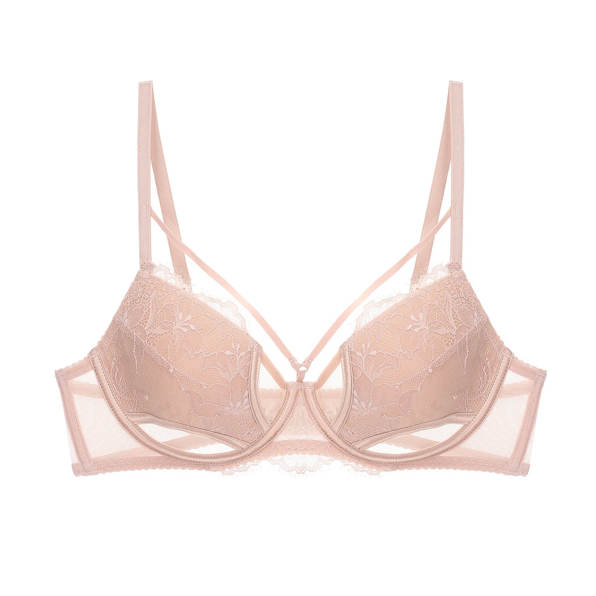 32-38 AB Sensual French Sheer Push Up Bra Large Bust See Through Lace Lingerie Set, Slimming Support Bra Comfort Wireless MOYISU