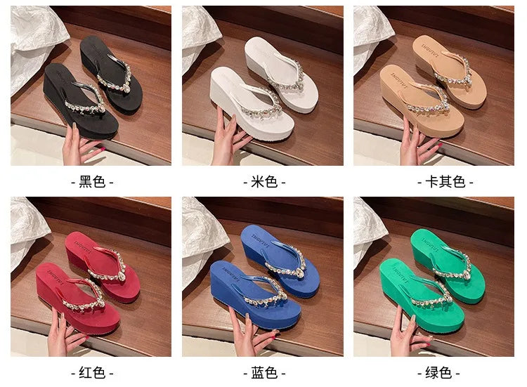 2025 Summer New High-heeled Flip Flops Women's Rhinestone Chain Pendant Thick Bottom Fashionable Clip on Sandals Beach Slippers