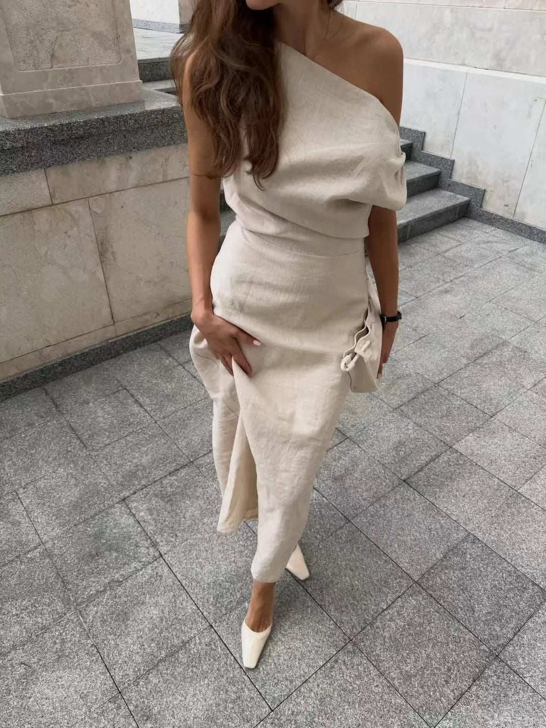 Elegant Solid One Shoulder Dresses Lady Skew Collar Waist-cinching Sleeveless Long Dress 2026 Women New Party Club Gowns