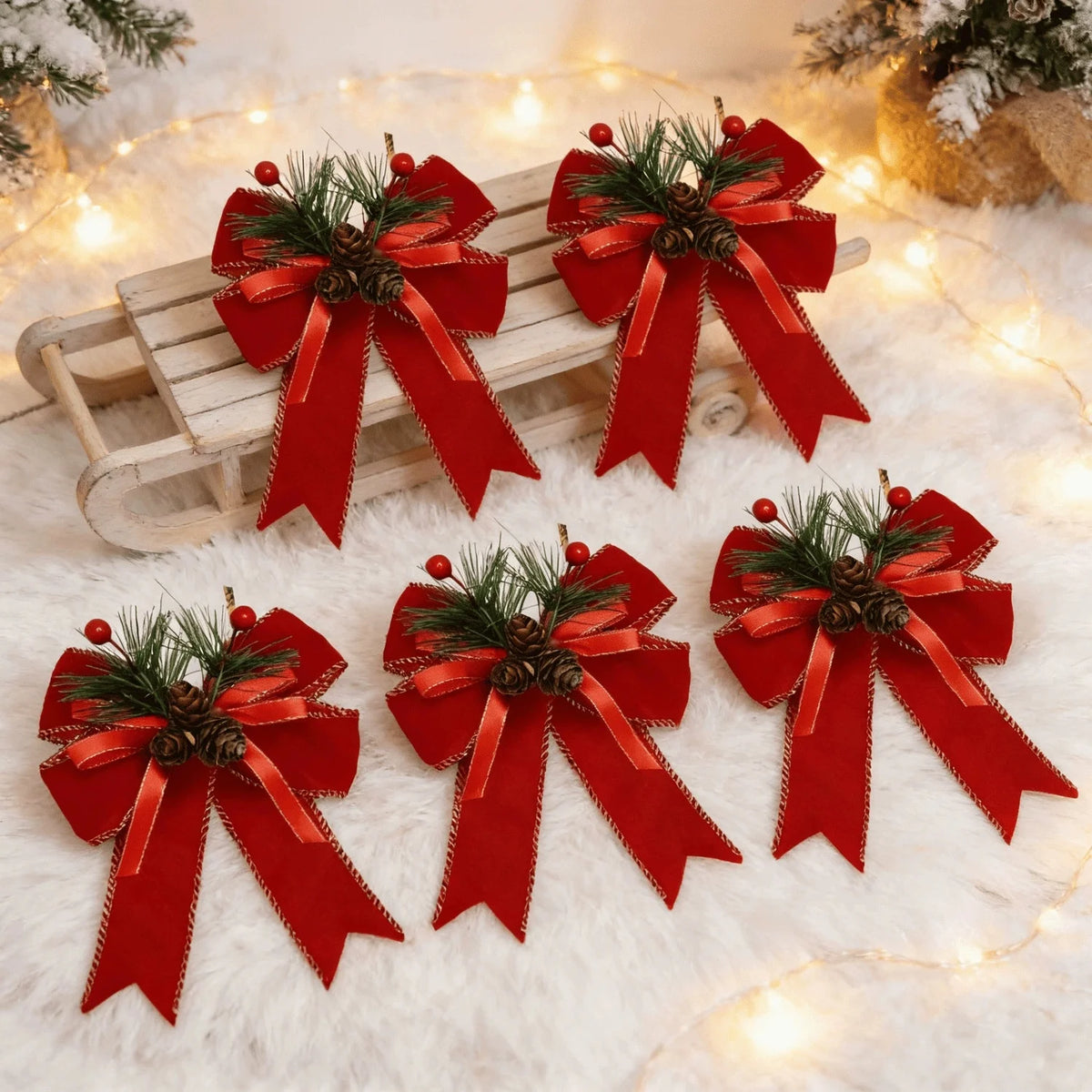 ChristmasBows Buffalo Plaid Checkered Ribbon Bow with Pine Cone Christmas Tree Decoration for Xmas Parties Trees Indoor Crafts