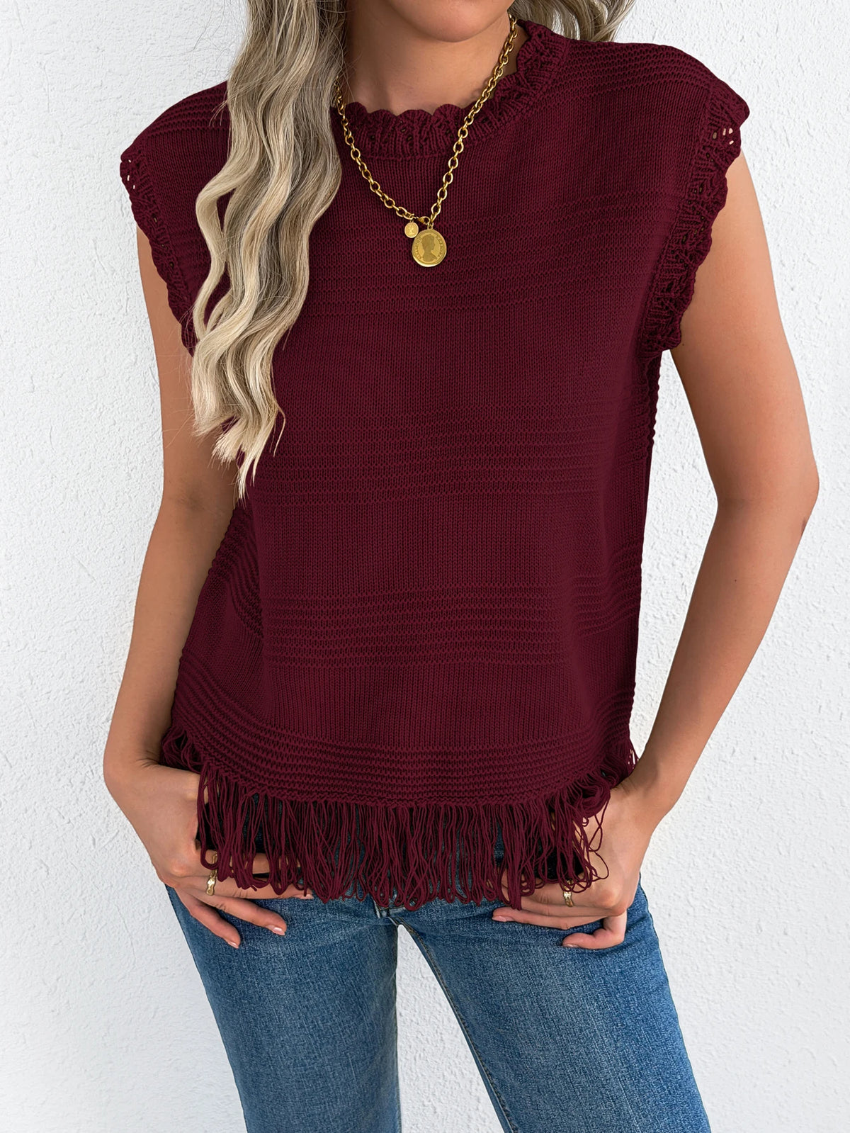 2026 Casual Round Neck Sleeveless Tassel Knit Sweater Vest for Spring Summer and Autumn Style Women Clothes Red Apricot Khaki