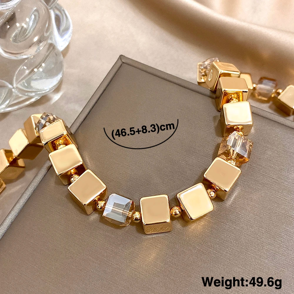 Women's Set Jewelry New Design CCB Gold Color Geometry Cube Square Shape Thick Chain Necklace Bracelet Fashion Jewelry Gift ﻿