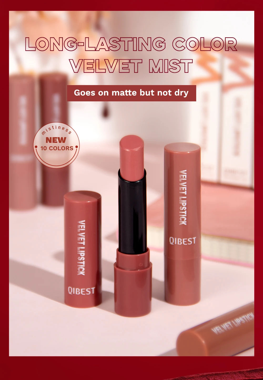 QIBESTNatural Velvet Matte Lipstick Long-lasting 10 Color Lip Stain Lightweight Moisturizing Lip Balm Women Makeup New Lip Tint