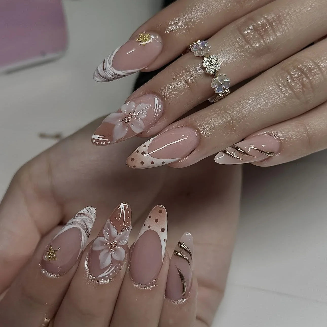 24PCS Pink Almond Press on Nails Full Cover Carved Flower 3D Ripples French Fake Nails for Women with Golden Pearl Wearable Nail