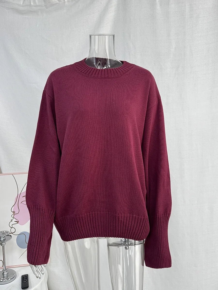 Women's Casual Solid Cotton Pullovers O-Neck Long Sleeve Warm Loose Knitted Top Female Autumn Winter Basic Soft Sweater