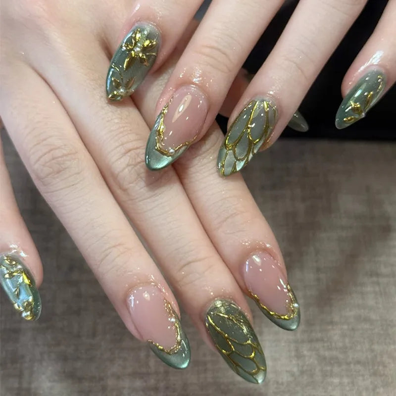 24Pcs French Flowers Pattern Almond Simple False Nails Set with Gloden Stripes Designs Detachable Finished Nails with Jelly Glue