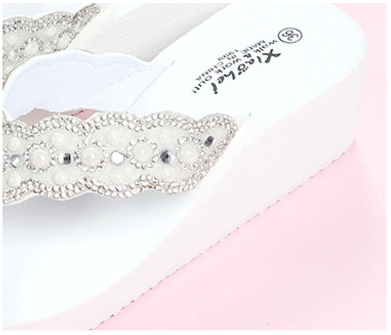 2025 Women Beach Flip Flops Summer Wedges Shoes Bling Rhinestone Soft EVA Girls Home Street Slippers Mid-heel Fashion Sandals